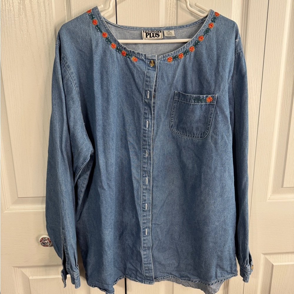 Proudly Plus Denim‎ Long Sleeve Button Up Embroidered Women's Size 2XL VTG